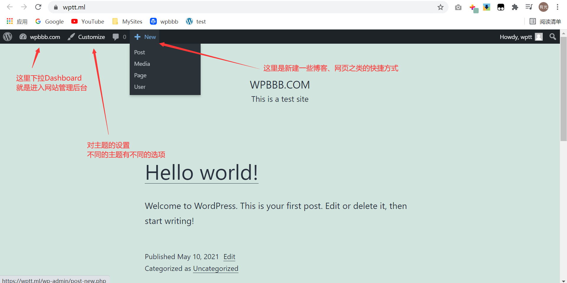 刚安装完wordpress初始状态的页面